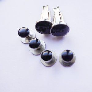 Vintage Stamped Pioneer Cufflinks and Tuxedo Studs Men's  Black and Silver  NEW